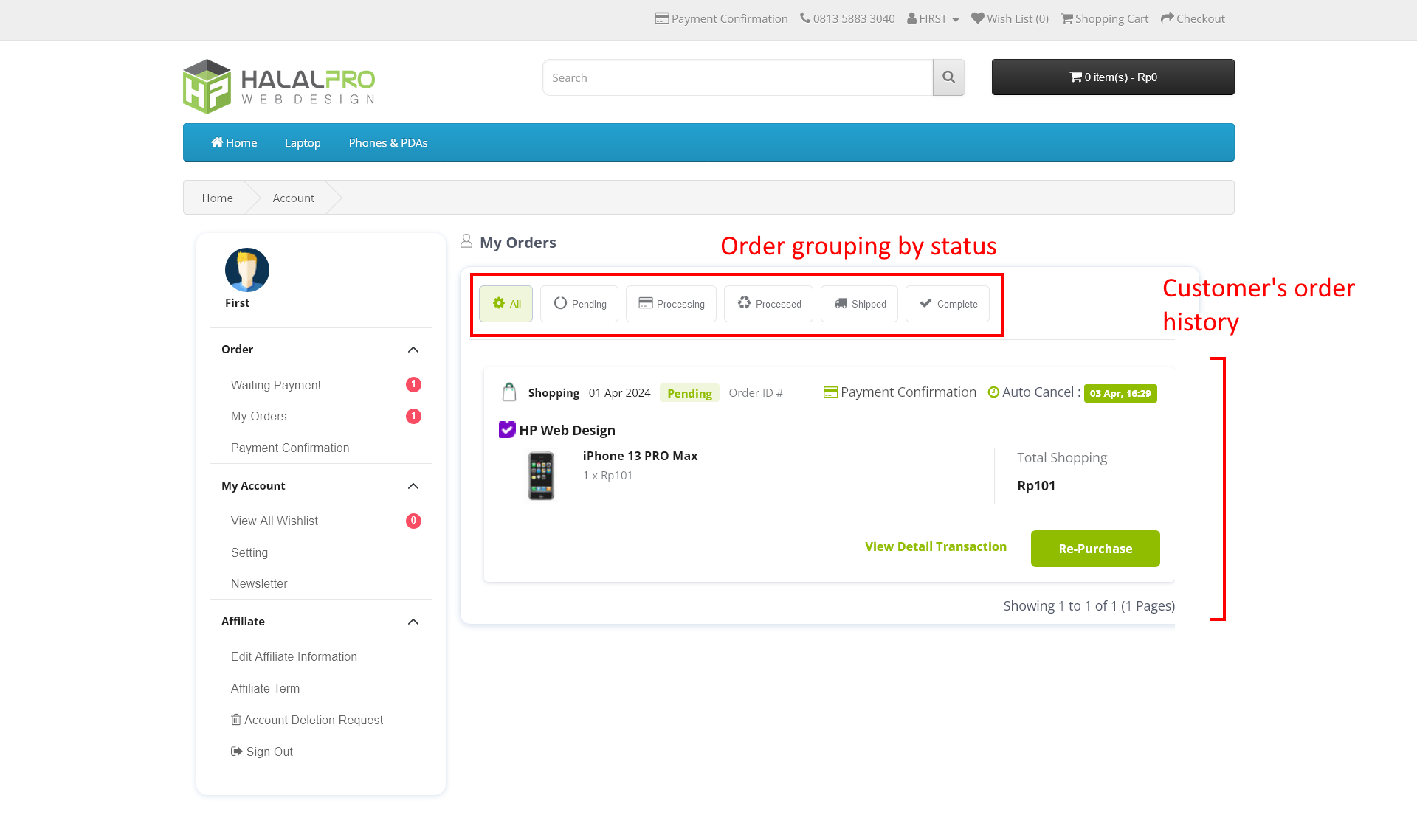 bariklabs-customer-dashboard-customer-order-list-opencart