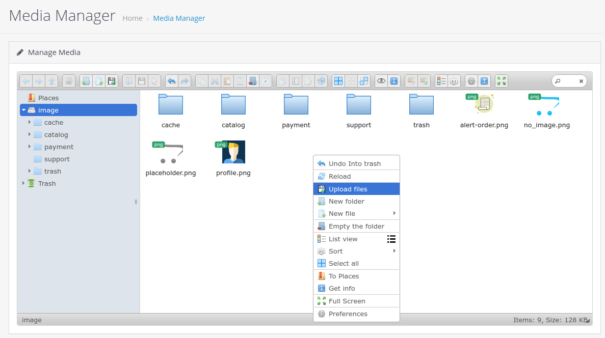 klik kanan upload files media manager