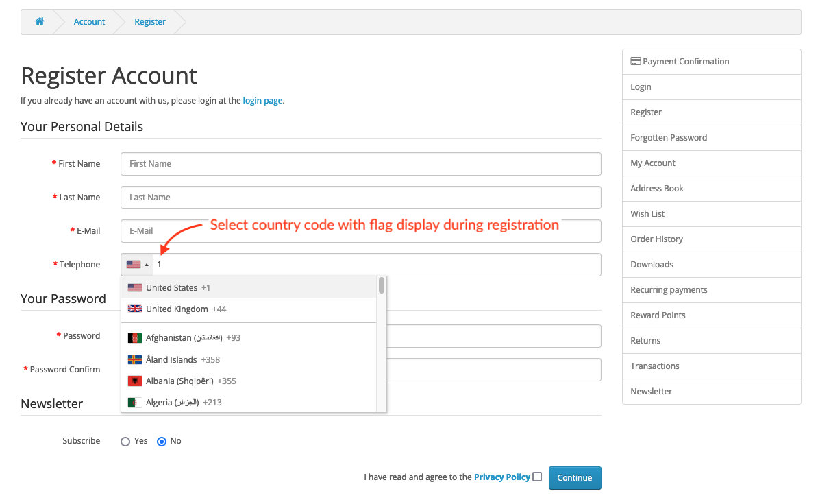 Bariklabs Country Code WIth Country Flag Selector OpenCart