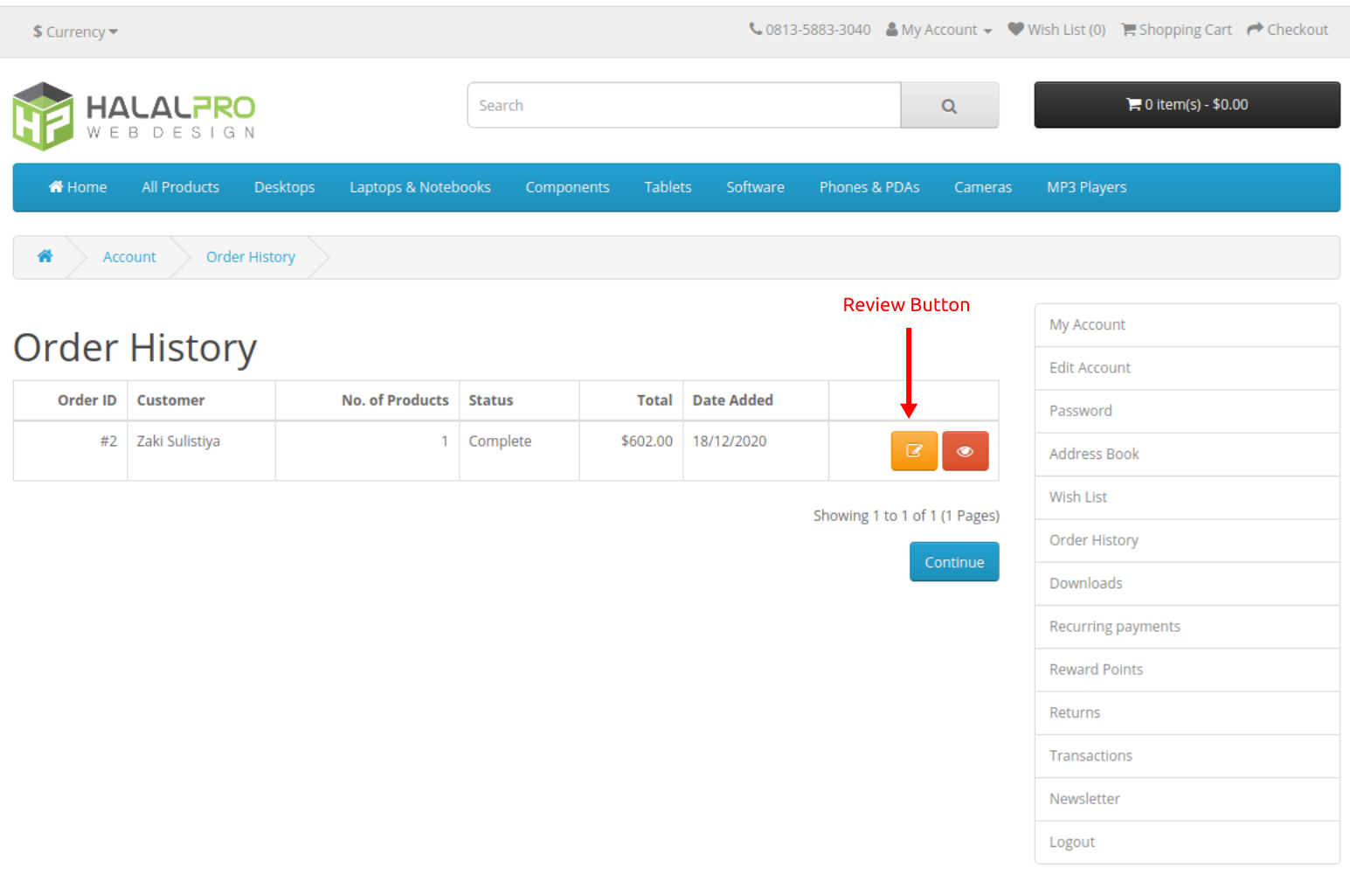 button review on order history list page